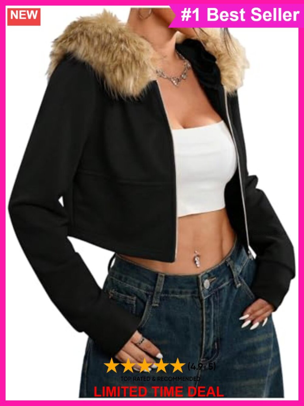 Faux Fur Hoodie Womens Crop Zip Sweatshirt Fuzzy Long Sleeve